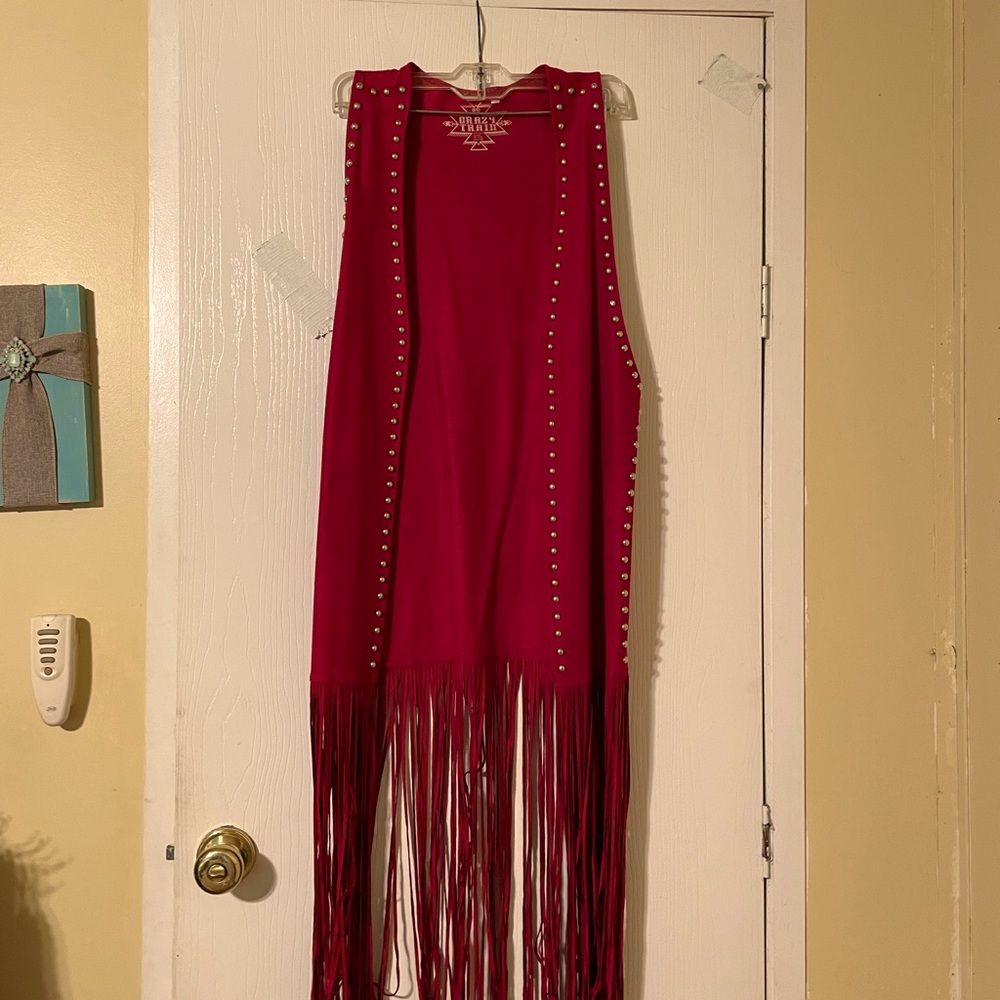 Red suede Crazy Train size Med long fridge, silver dot detail